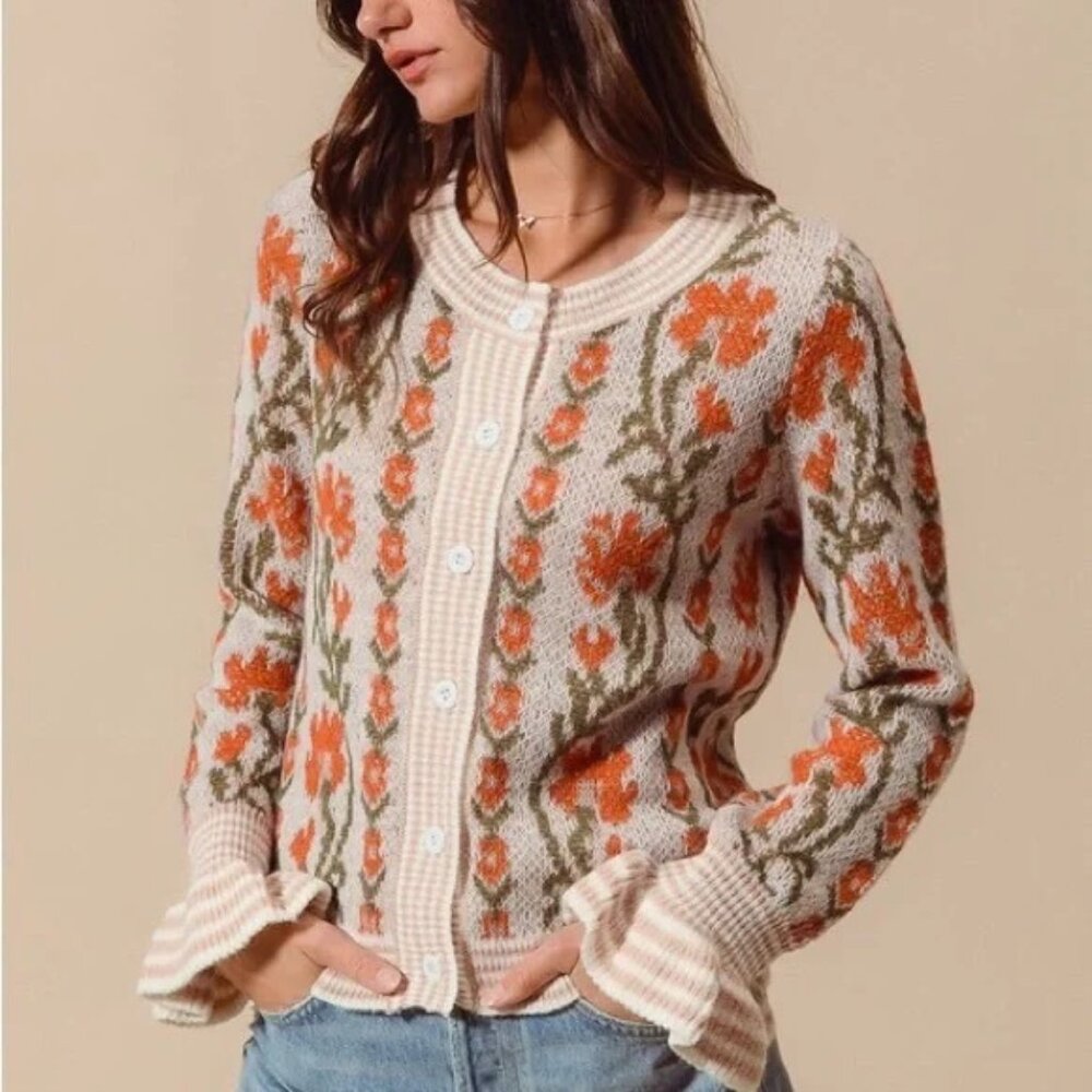 So Me Floral Intarsia Button-Up Sweater Cardigan Size S